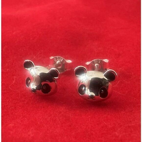 925 Sterling Silver Small Panda Stud Earrings Enamel - Picture 1 of 3